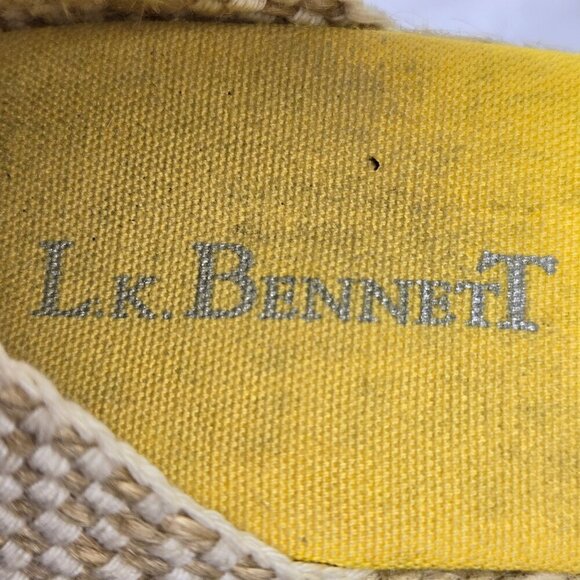 L. K. Bennett Size 40 (US 8.5) Yellow Lace Up Wedge Heels Floral Print Textile - Picture 13 of 16